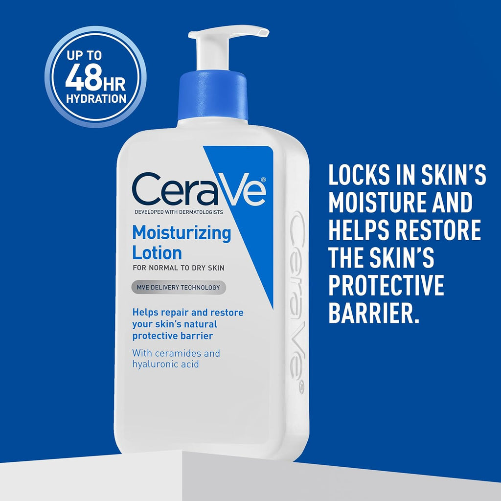 CeraVe Daily Moisturizing Lotion for Dry Skin, Body Lotion & Face Moisturizer with Hyaluronic Acid and Ceramides, Daily Moisturizer, Fragrance Free, Oil-Free, 12 Ounce