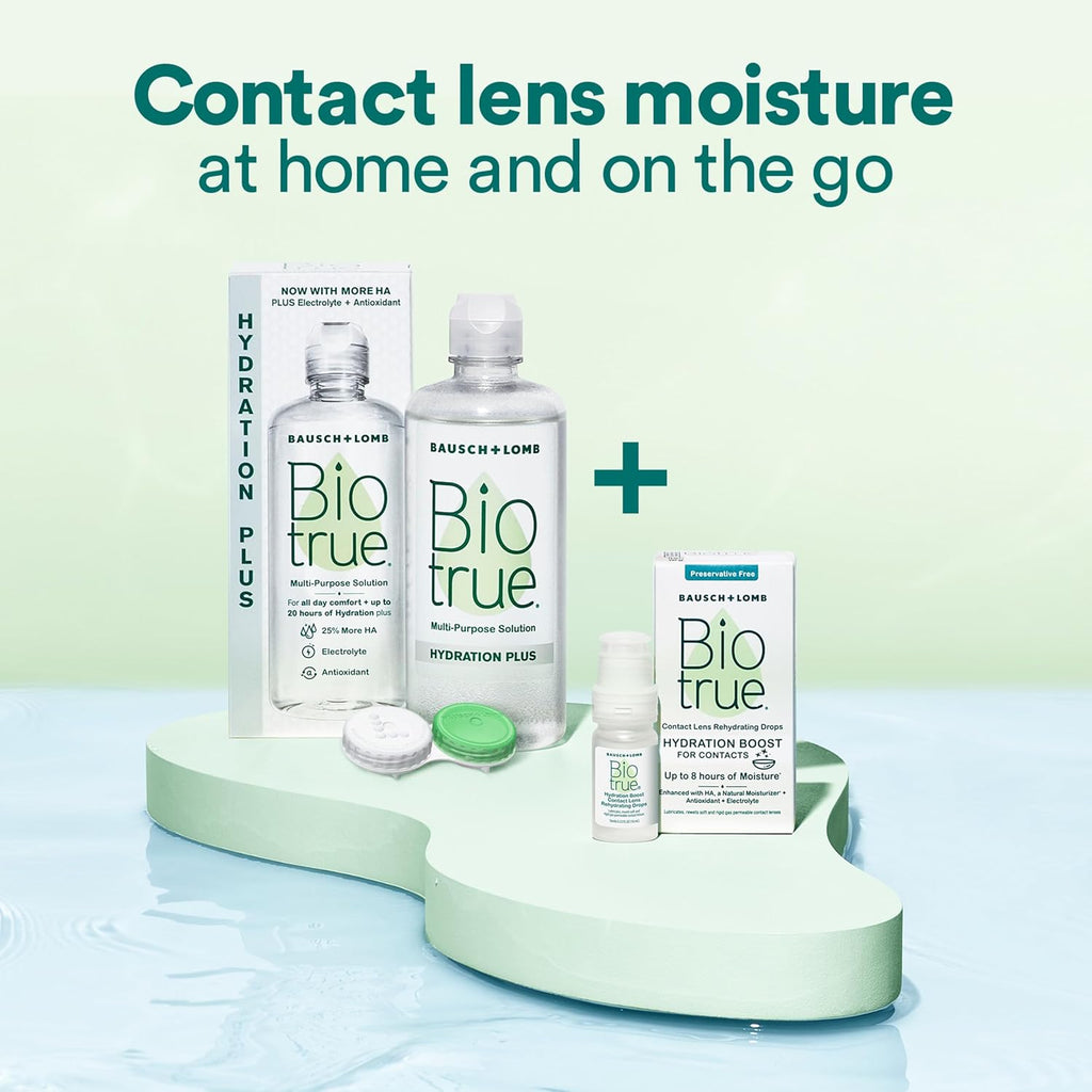 Biotrue Hydration Plus Contact Lens Solution with Lens Case, Multi-Purpose Solution for Soft Lenses, Hydrates with Hyaluronan, Cleans, Clears, and Disinfects for All-Day Comfort, 10 Fl Oz (Pack of 1)