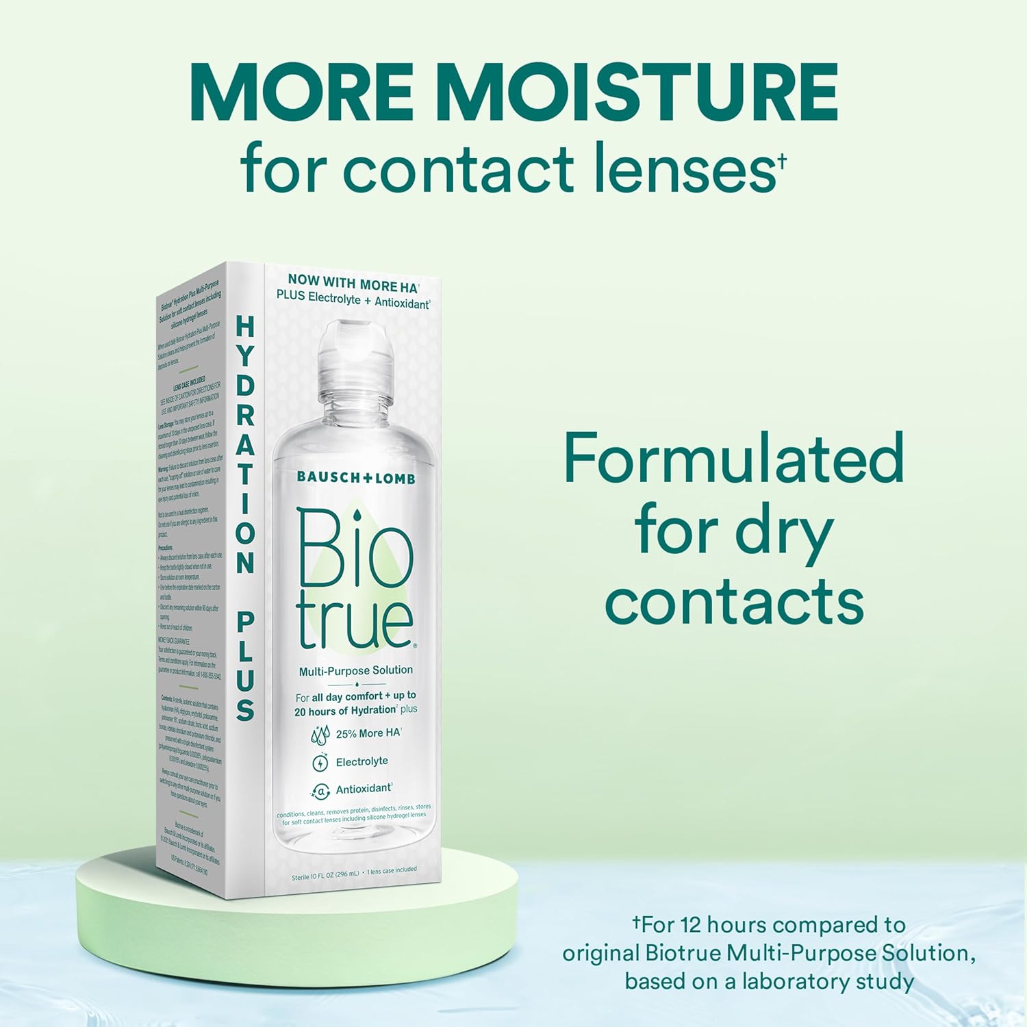 Biotrue Hydration Plus Contact Lens Solution with Lens Case, Multi-Purpose Solution for Soft Lenses, Hydrates with Hyaluronan, Cleans, Clears, and Disinfects for All-Day Comfort, 10 Fl Oz (Pack of 1)