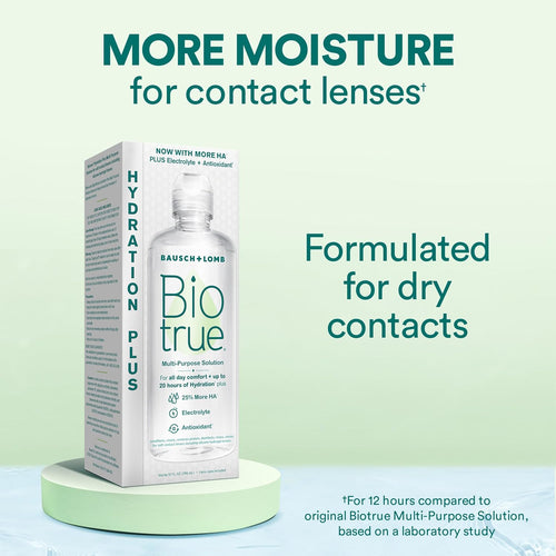 Biotrue Hydration Plus Contact Lens Solution with Lens Case, Multi-Purpose Solution for Soft Lenses, Hydrates with Hyaluronan, Cleans, Clears, and Disinfects for All-Day Comfort, 10 Fl Oz (Pack of 1)
