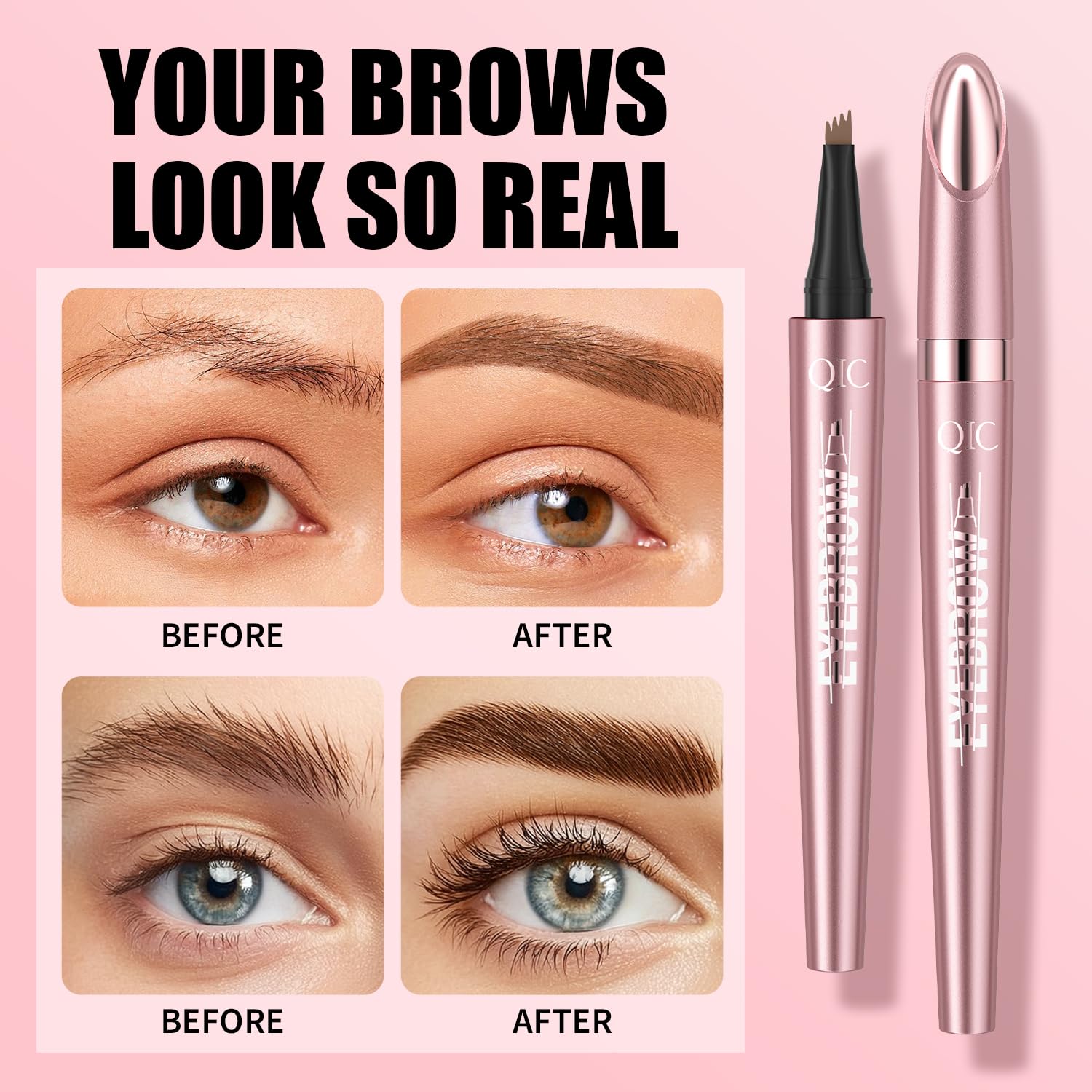 3D Waterproof Microblading Eyebrow Pen with 4 Fork Tip,QIC Eyebrow 4 Tip Brow Pencil,Long-Lasting Natural Eyebrow Hair,Magic Eyebrow Pencil Eyebrow Brush (Black brown)