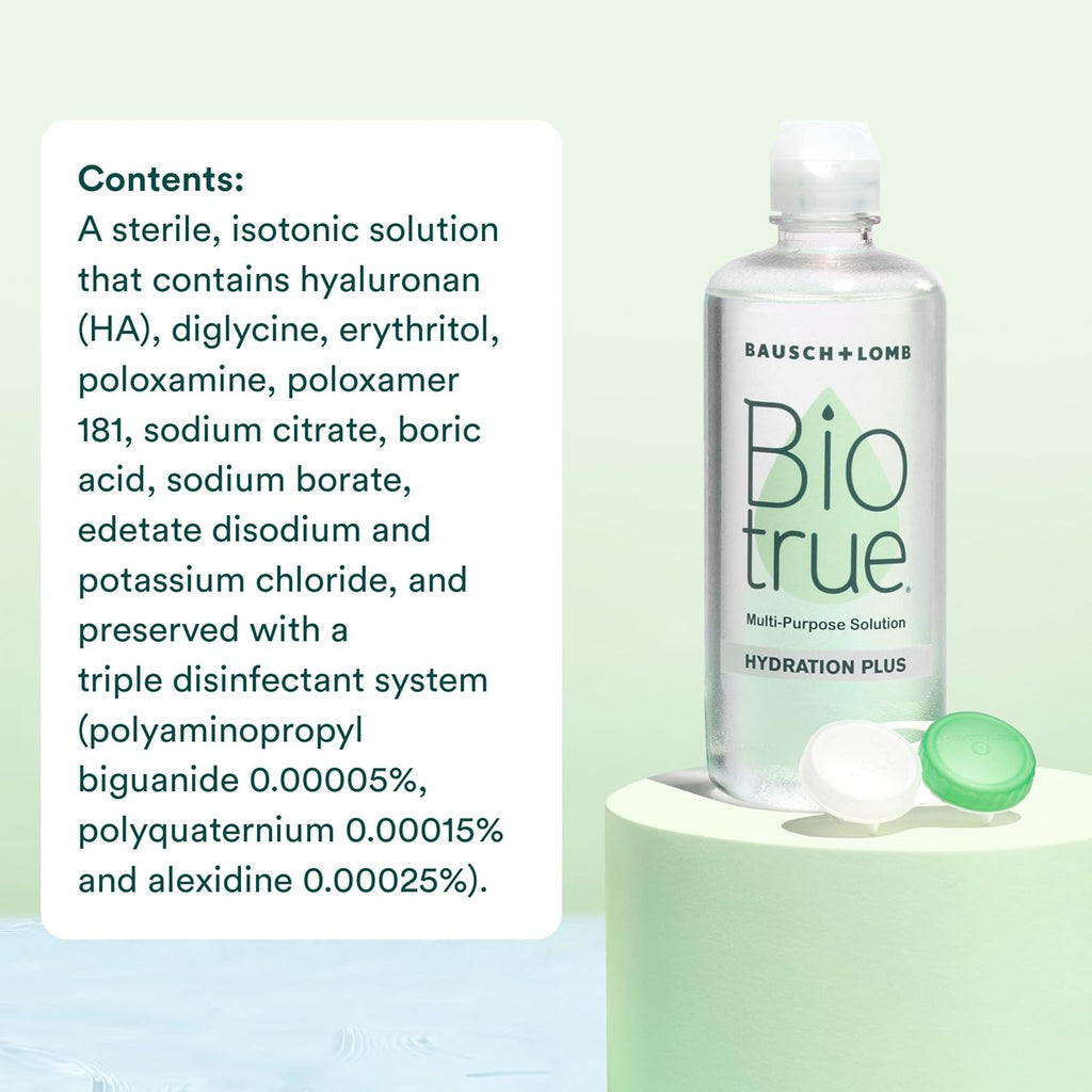 Biotrue Hydration Plus Contact Lens Solution with Lens Case, Multi-Purpose Solution for Soft Lenses, Hydrates with Hyaluronan, Cleans, Clears, and Disinfects for All-Day Comfort, 10 Fl Oz (Pack of 1)